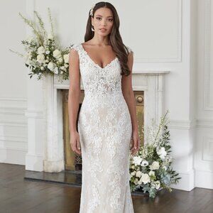 Justin Alexander Silhouette Sheer Lace Fit and Flare Wedding Dress 44375